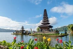 Bali landscape with emerald rice terraces, traditional Balinese Hindu temple with ornate stone carvings, pristine beaches with turquoise waters, surfers riding waves, offerings with colorful flowers, tropical jungle, traditional dancers in ceremonial costumes, volcanic mountains in background
