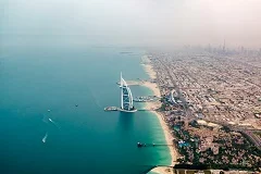 Dubai skyline with Burj Khalifa tower, Palm Jumeirah island, luxury hotels along Marina, golden desert dunes, traditional dhow boats, Dubai Mall, Burj Al Arab, modern architecture, Arabian Gulf waters