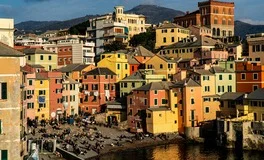 Genoa Airport with Italian Riviera coastline, Portofino harbor, historic palaces, colorful villages