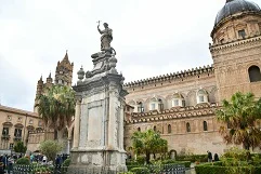 Palermo Airport with Norman architecture, Sicilian coastline, ancient temples, Mediterranean culture, luxury transfer vehicles, historic Sicilian capital backdrop