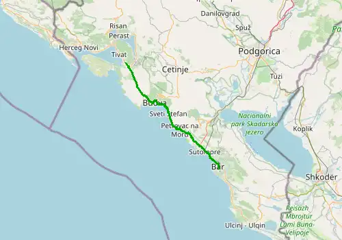 Route map Tivat Airport - Bar, 58 km, approx. 95 min