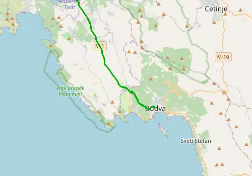 Route map Tivat Airport - Budva, 19 km, approx. 26 min