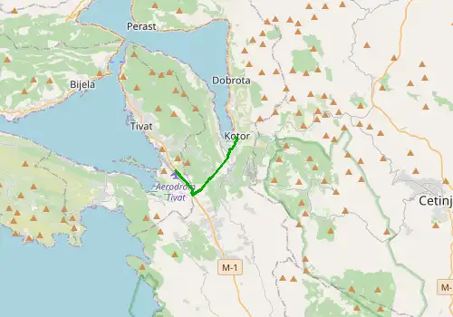 Route map Tivat Airport - Kotor, 7 km, approx. 10 min