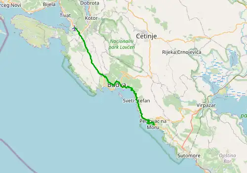 Route map Tivat Airport - Petrovac, 37 km, approx. 60 min