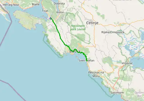 Route map Tivat Airport - Sveti Stefan, 29 km, approx. 47 min