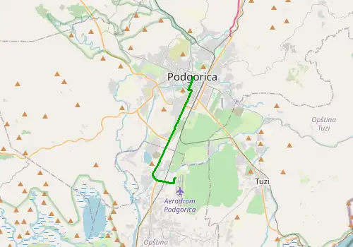 Route map Podgorica Airport - Podgorica, 11 km, approx. 23 min