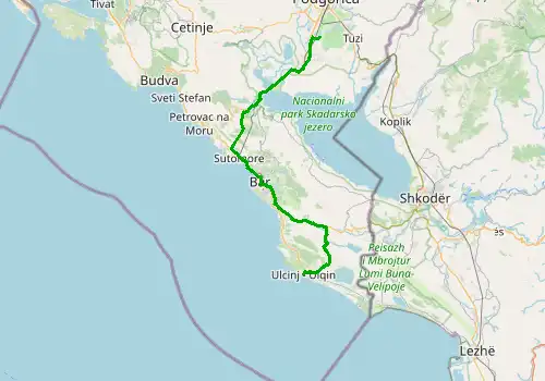 Route map Podgorica Airport - Ulcinj, 82 km, approx. 109 min
