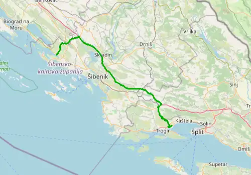 Route map Split Airport - Pirovac, 84 km, approx. 74 min