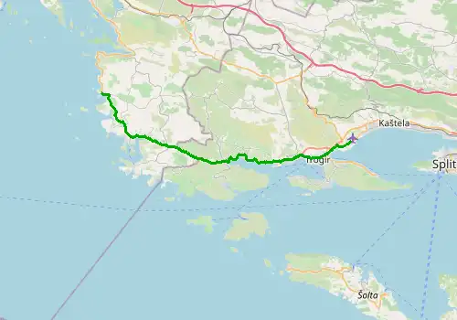 Route map Split Airport - Primosten, 38 km, approx. 48 min