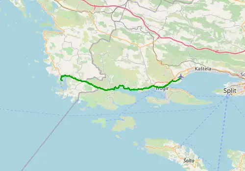 Route map Split Airport - Rogoznica, 32 km, approx. 41 min