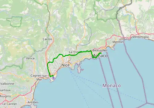 Route map Nice Airport - Monte Carlo, 32 km, approx. 36 min