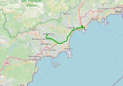 Route map Nice Airport - Valbonne, 27 km, approx. 32 min