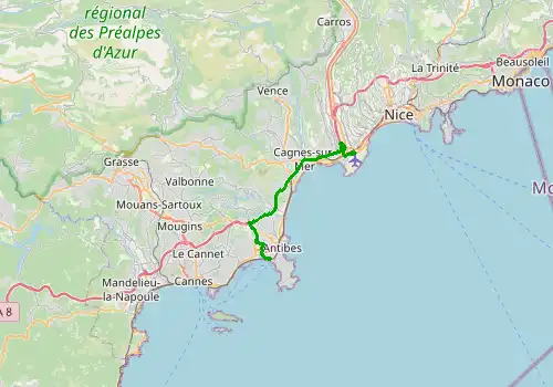 Route map Nice Airport - Juan les Pins, 23 km, approx. 27 min