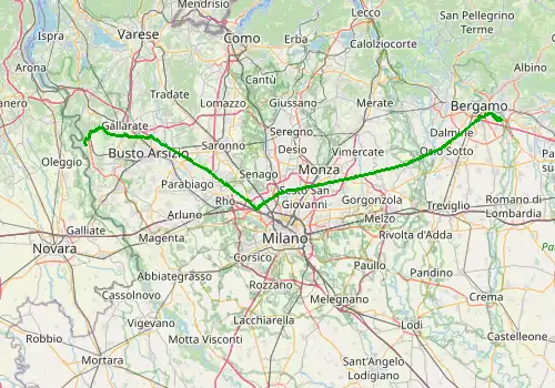 Route map Milan Malpensa Airport - Bergamo Airport, 96 km, approx. 71 min