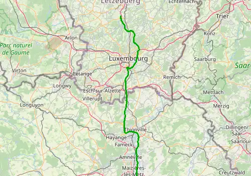 Route map Luxembourg Airport - Metz, 87 km, approx. 62 min