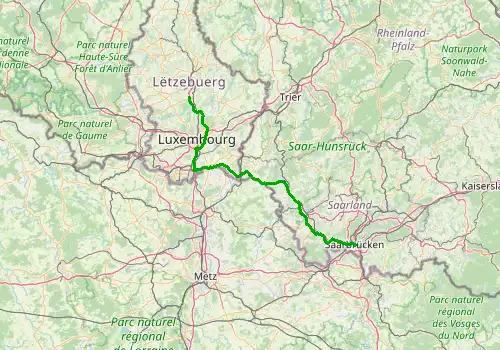 Route map Luxembourg Airport - Saarbrucken, 124 km, approx. 81 min