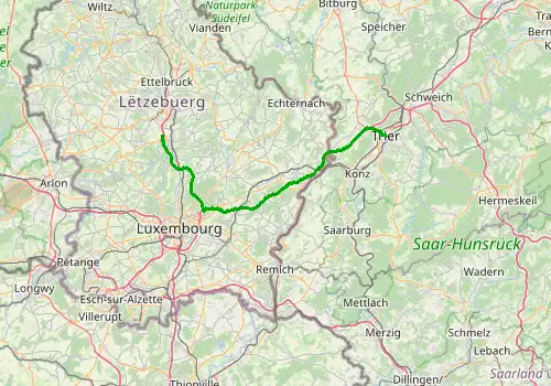 Route map Luxembourg Airport - Trier, 58 km, approx. 44 min