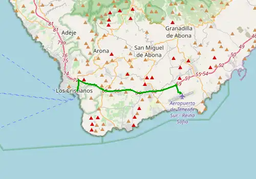 Route map Tenerife South Airport - Los Cristianos, 17 km, approx. 16 min