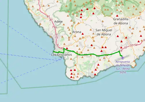 Route map Tenerife South Airport - Playa De Las Americas, 19 km, approx. 22 min
