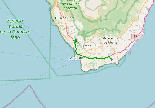 Route map Tenerife South Airport - Costa Adeje, 25 km, approx. 24 min