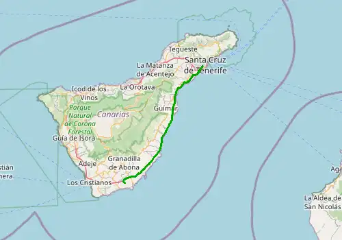 Route map Tenerife South Airport - Santa Cruz, 62 km, approx. 40 min