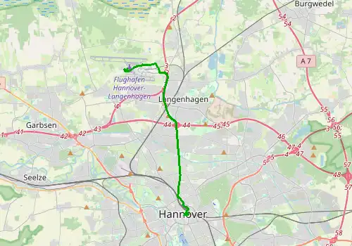 Route map Hannover Airport - Hannover, 14 km, approx. 28 min