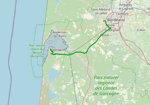Route map Bordeaux Airport - Arcachon, 65 km, approx. 54 min