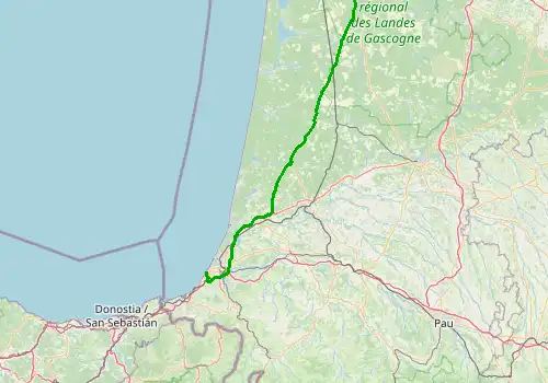 Route map Bordeaux Airport - Biarritz, 197 km, approx. 119 min