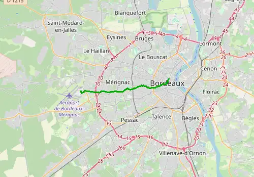 Route map Bordeaux Airport - Bordeaux, 11 km, approx. 20 min