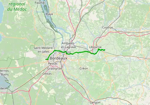 Route map Bordeaux Airport - Saint Emilion, 53 km, approx. 51 min