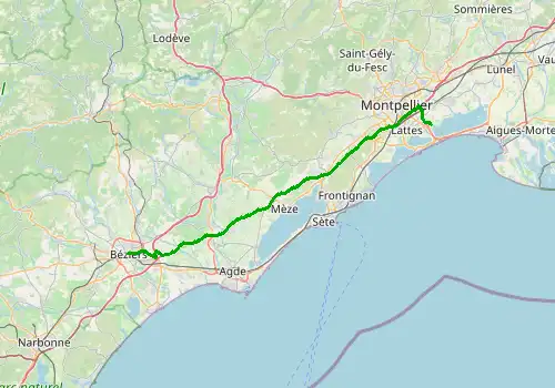 Route map Montpellier Airport - Beziers, 77 km, approx. 57 min