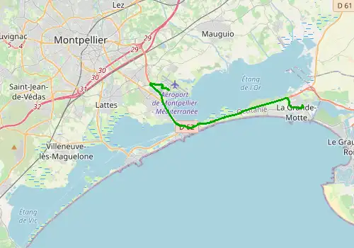 Route map Montpellier Airport - La Grande Motte, 17 km, approx. 16 min