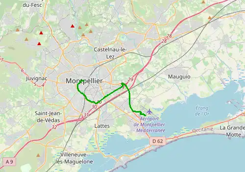 Route map Montpellier Airport - Montpellier, 14 km, approx. 22 min