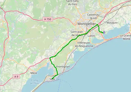 Route map Montpellier Airport - Sete, 42 km, approx. 42 min