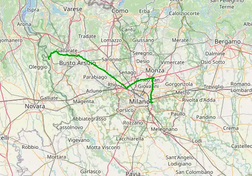 Route map Milan Malpensa Airport - Milan Linate Airport, 65 km, approx. 57 min