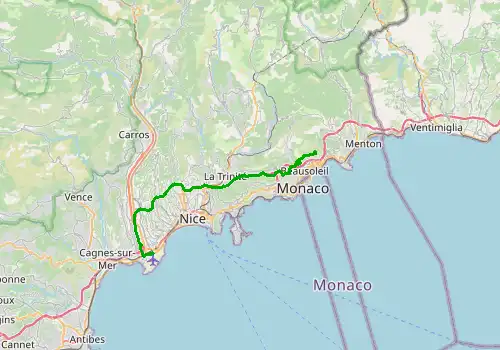Route map Nice Airport - Roquebrune Cap Martin, 34 km, approx. 39 min