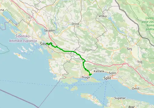 Route map Split Airport - Sibenik, 54 km, approx. 56 min