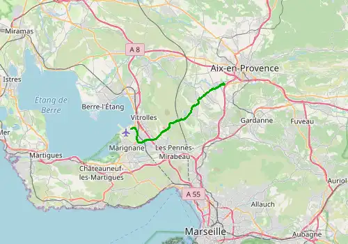 Route map Marseille Airport - Aix en Provence, 22 km, approx. 18 min