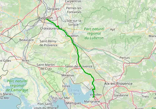 Route map Marseille Airport - Avignon, 77 km, approx. 61 min