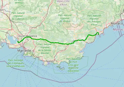 Route map Marseille Airport - Cannes, 175 km, approx. 110 min