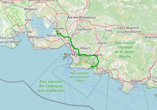 Route map Marseille Airport - Cassis, 56 km, approx. 52 min
