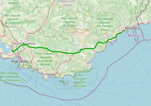 Route map Marseille Airport - Nice, 199 km, approx. 129 min