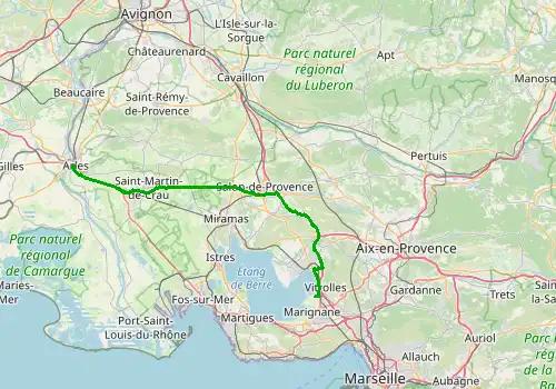 Route map Marseille Airport - Arles, 73 km, approx. 55 min