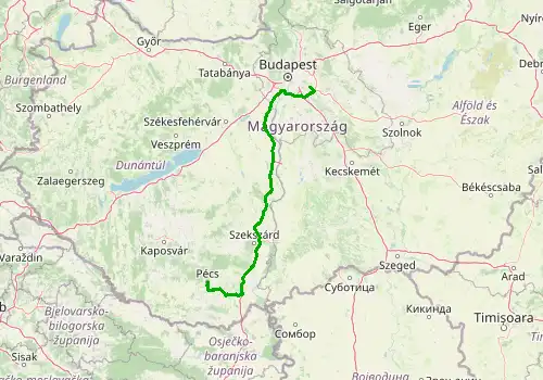 Route map Budapest Airport - Pecs, 250 km, approx. 155 min