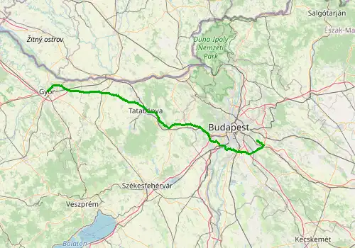Route map Budapest Airport - Gyor, 153 km, approx. 101 min