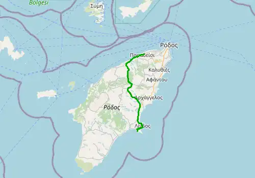Route map Rhodes Airport - Pefkos, Rhodes, 56 km, approx. 68 min