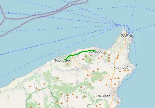 Route map Rhodes Airport - Ialysos, 7 km, approx. 10 min