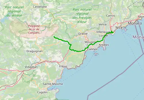 Route map Nice Airport - Seillans, 66 km, approx. 62 min
