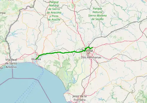 Route map Seville Airport - Huelva, 106 km, approx. 72 min