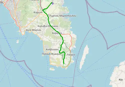 Route map Athens Airport - Cape Sounio (Sounio), 42 km, approx. 58 min